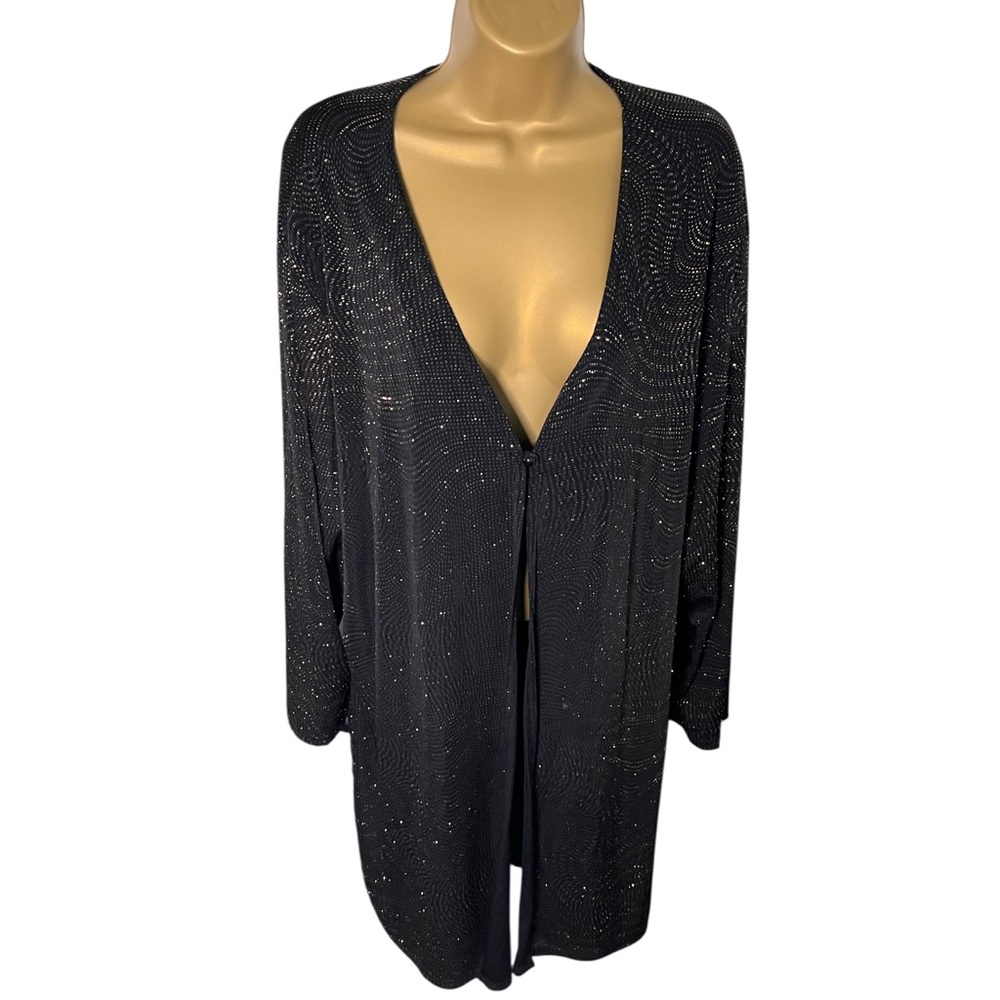 Vintage 90s ERENA Longline Open Front Duster Cardigan Shimmer Black Gold 1X